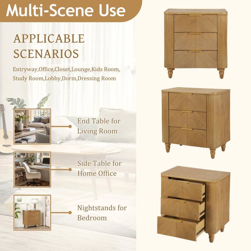 Mid-Century Fluted 3-Drawer Nightstand with Curved Design and Gold Handles