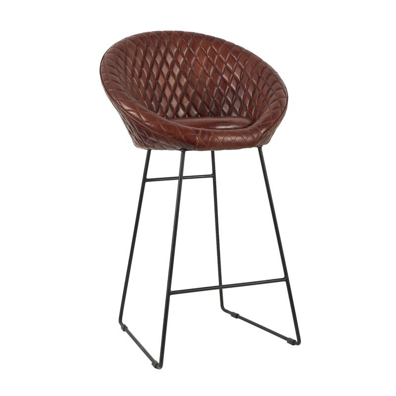 Leather Round Diamond Tufted Bar Stool with High Back and Black Metal Legs - Set of 2 Brown or Dark Brown - Roche River Decor