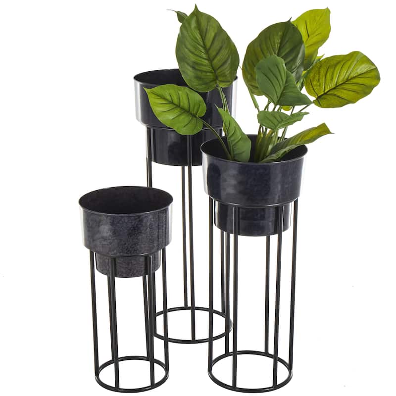 Metal Nesting Indoor Outdoor Planter with Open Framed Black Caged Base - Set of 3 Black - Roche River Decor - Matte Black