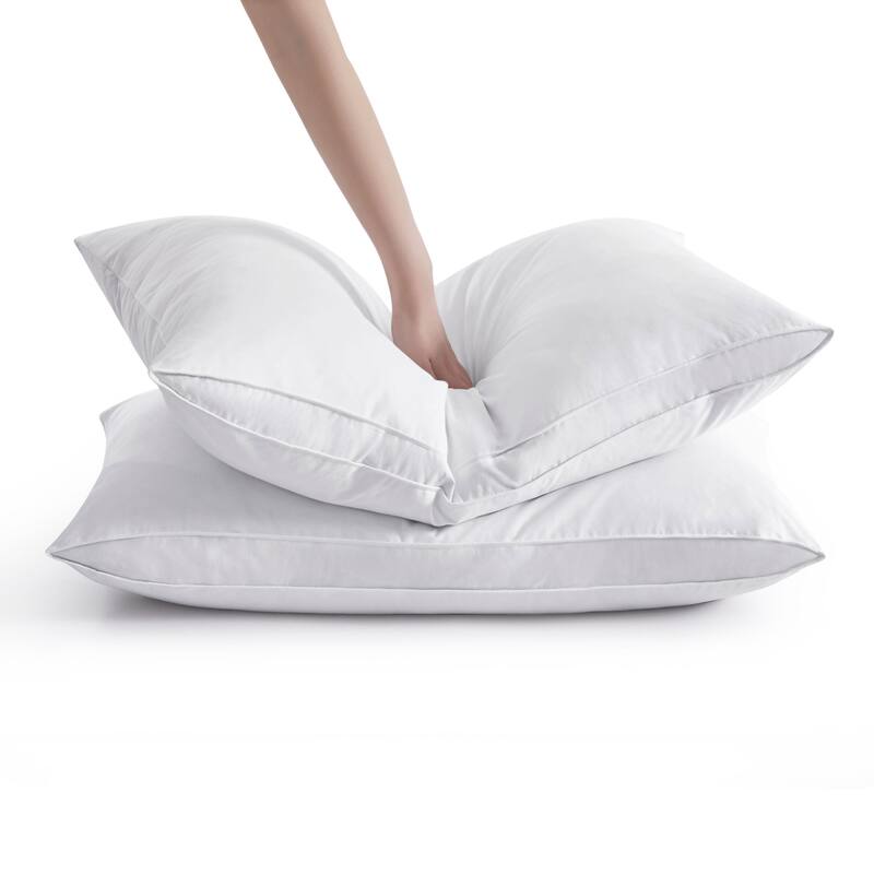 Set of 2 Goose Down Feather Oval Gusseted Bed Pillows with 100% Cotton Cover - White