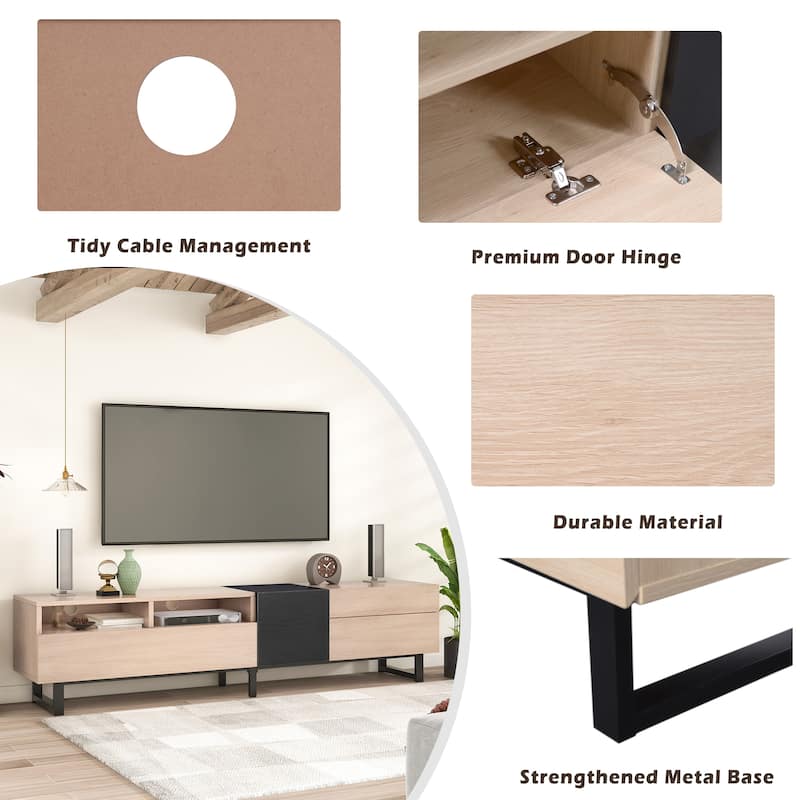 Natural+Black 70" TV Stand with Double Storage & Drop-Down Door for TVs Up to 80"