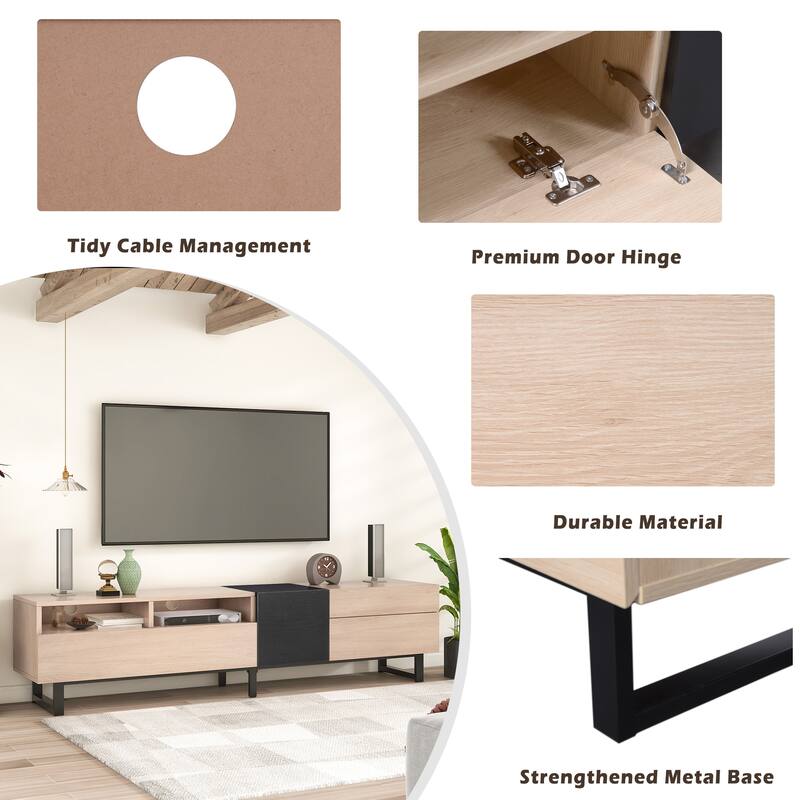 Natural+Black 70.9" TV Stand with Double Storage for 80" TVs
