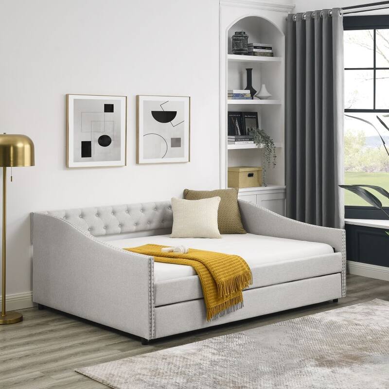 Full Size Daybed with Twin Size Trundle Upholstered Tufted Sofa Bed, with Button on Back and Copper Nail on Waved Shape Arms