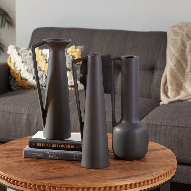 CosmoLiving by Cosmopolitan Ceramic Vase with Handles (Set of 3) - Black or White - Black - 17", 16", 16"H