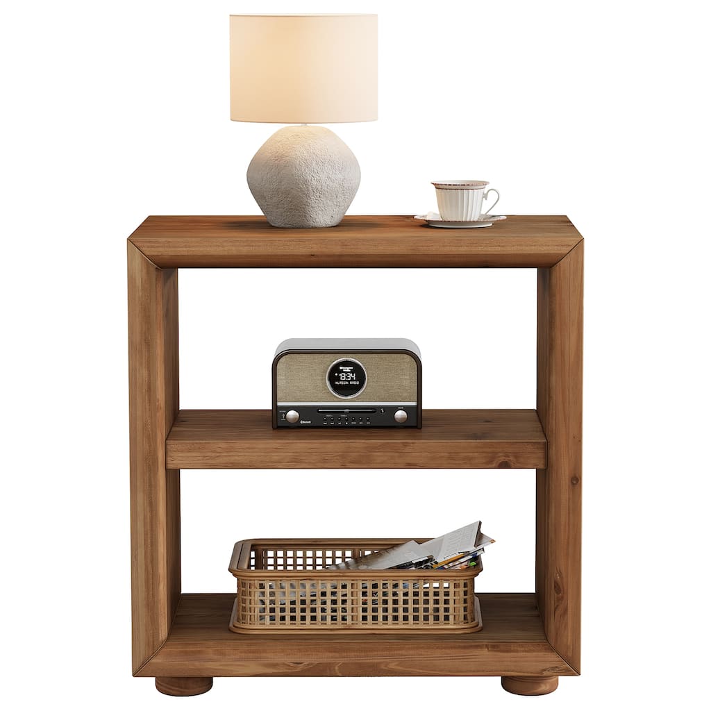 Solid Wood Side Table, Bedside Furniture with Storage Shelves