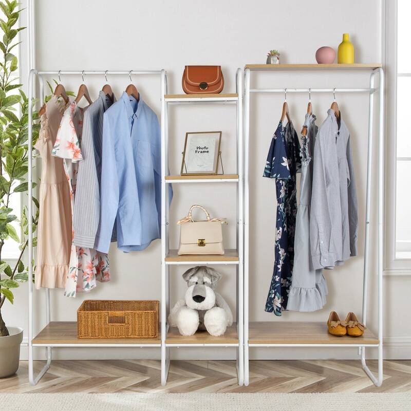Freestanding Clothing Rack with 2 Wood Shelves - N/A