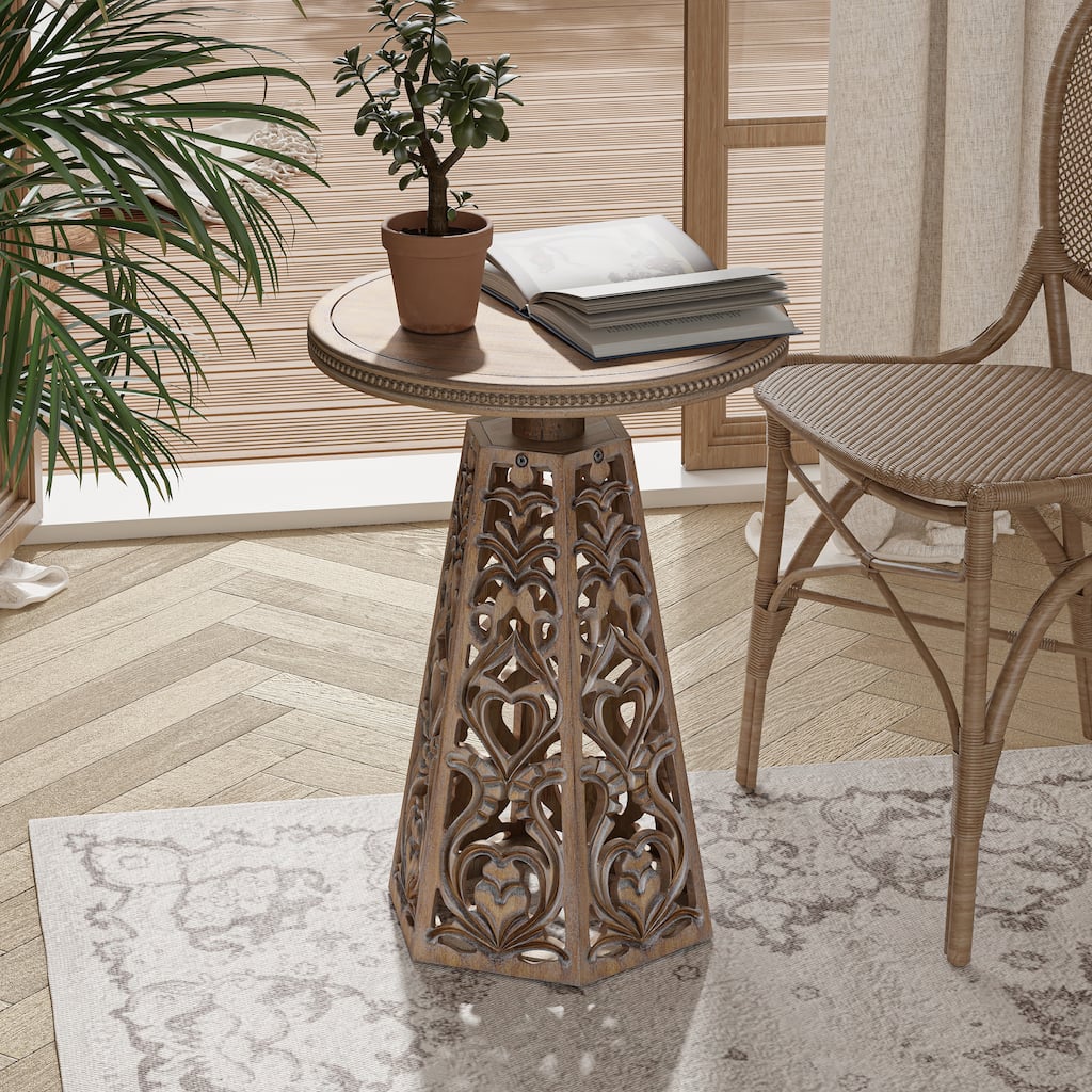 COZAYH Rustic Farmhouse Wooden End Table, Distressed Round Accent Table with Intricate Carved Floral Patterns, Boho