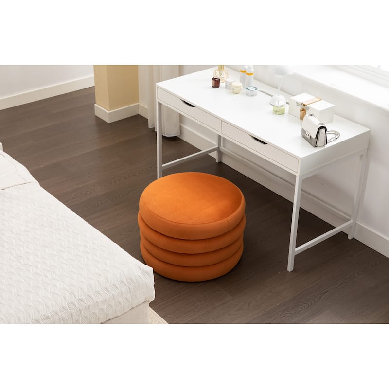 Velvet Round Ottoman with Storage, Footstool with Wooden Shelving, Multifunctional Round Vanity Stool for Makeup