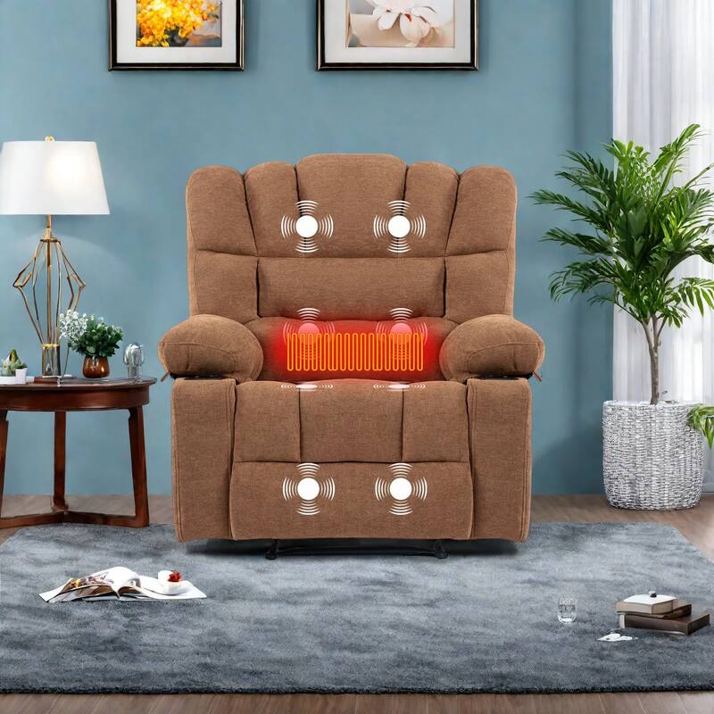 Chenille Manual Recliner Chair with Massage and Lumbar Heating, Dual Cup Holders, Side Pockets - Brown