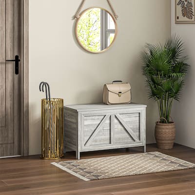 Gray Wood Grain Farmhouse Storage Bench with Flip Top Cabinet Multi Functional Chest for Entryway Bedroom and Living Room