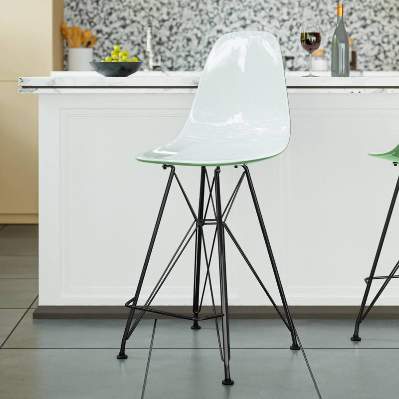 Cresco Acrylic Barstool in Brushed Black Steel Base with Ergonomic Seat, Footrest, & Floor Pads for Kitchen or Home Bar Set of 2