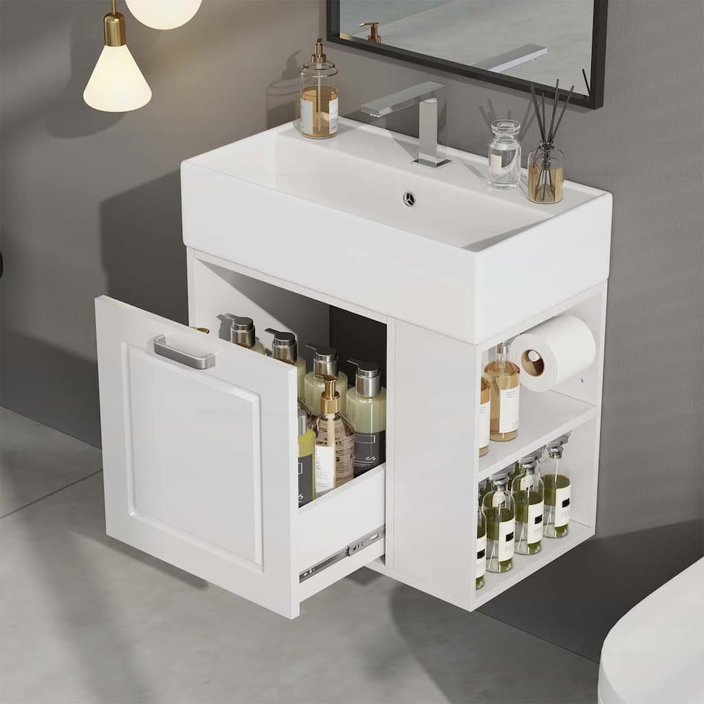 Minimalist Design Wall-Mounted Bathroom Vanity with Sink,Drawer,and Toilet Paper Holder,Soft-Close System