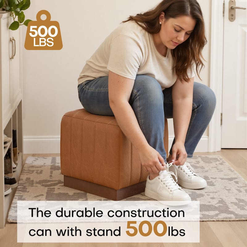 Tufted Square Ottoman Footstool Vanity Stool Sofa Side Table with Acacia Frame