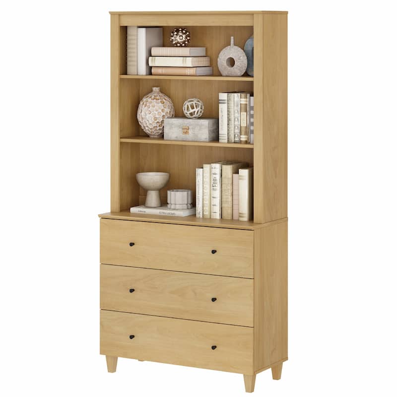 Modern 71" Tall Bookcase with Drawers & Open Shelves for Home Office - 3-Tier - Oak Wood