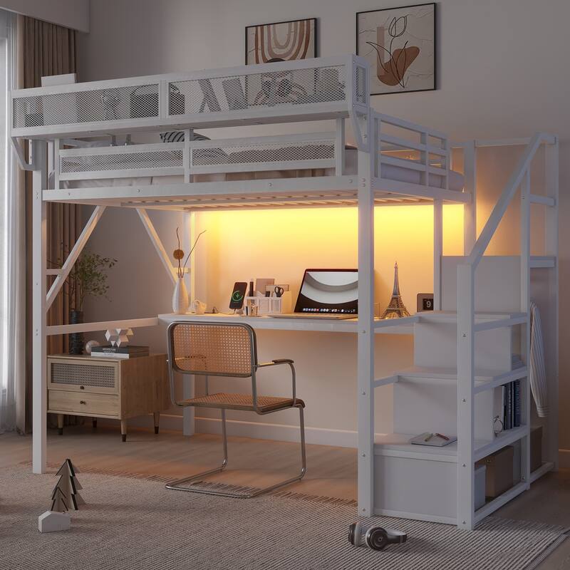 Full Loft Bed with Desk and Charging Station, Full Size Metal Loft Bed with Stairs and Light for Kids Teens,White - White