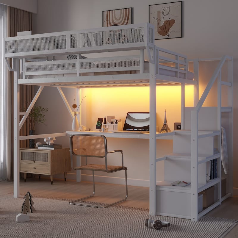 Iron Loft Bed Frame with Desk, Charging Station, Bedside Shelf and Wardrobe, Heavy Duty Metal Loftbed with LED Lights