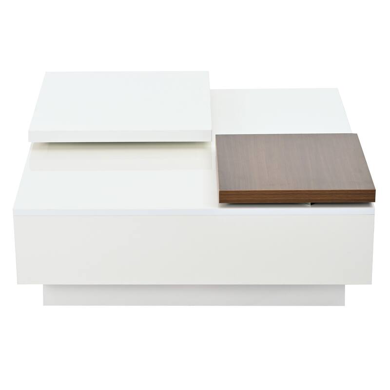 Movable Top Coffee Tables, Wood Square Center Table, High Gloss Cocktail Table with 4 Storage Drawers for Living Room