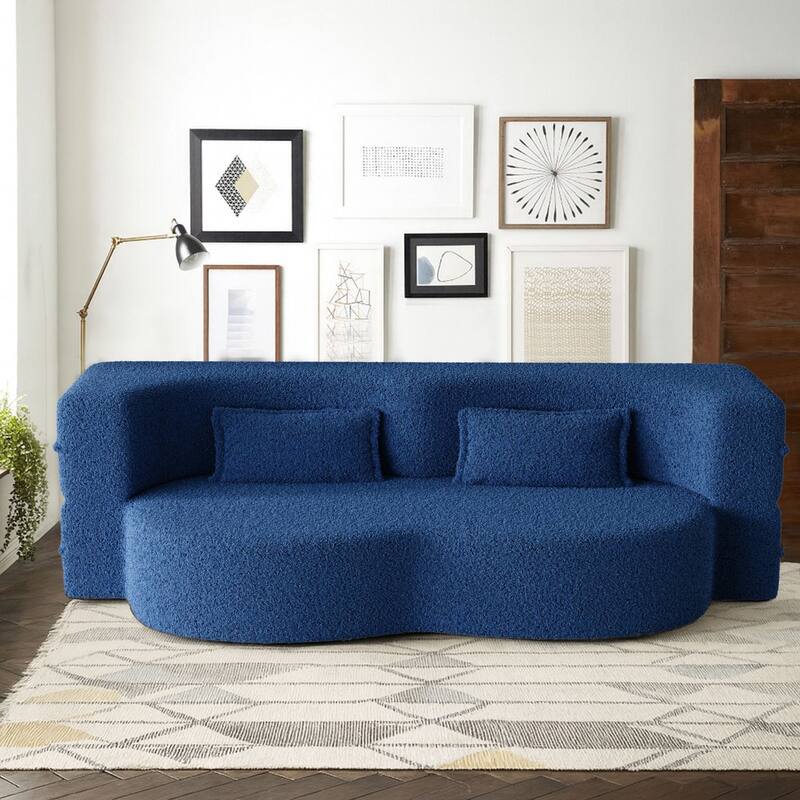 Modern Minimalist Compressed Upholstered Convertible Two-Seater Sofa Bed with 2 Pillows - Blue Teddy