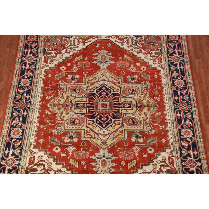Hand Knotted Oriental 100% Wool Carpet Traditional Medallion Oranges & Rust Heriz (serapi) Area Rug - 10' 0'' X 7' 10''