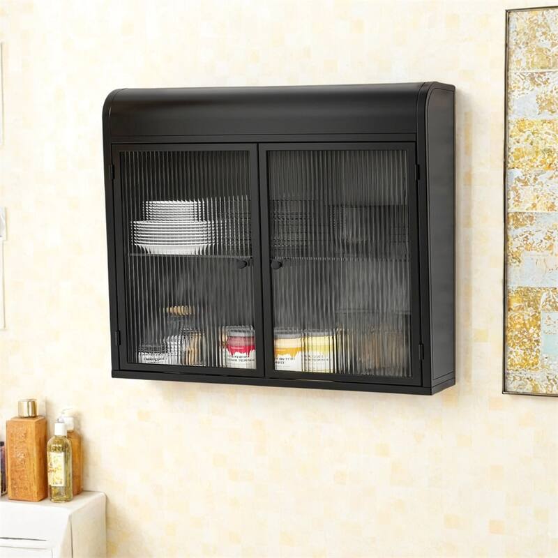 2-Door Wall-Mounted Metal Storage Cabinet with Glass Doors & Shelves