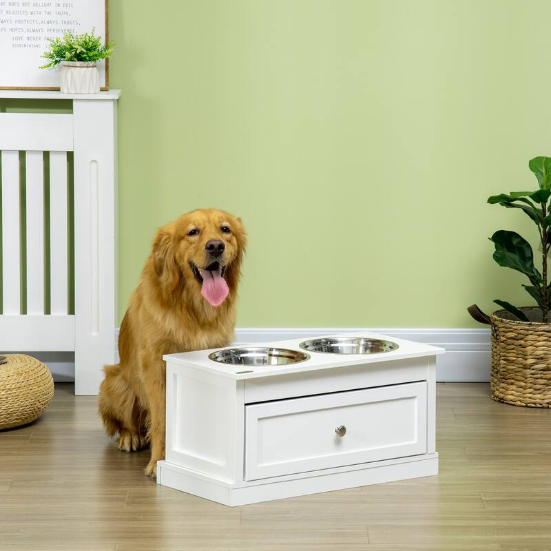 PawHut Large Elevated Dog Bowls with Storage Drawer Containing 11L Capacity, Raised Dog Bowl Stand