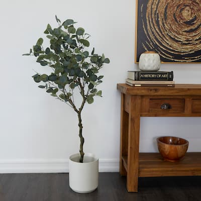 Green Faux Foliage Eucalyptus Artificial Tree with Realistic Leaves and Black Plastic Pot