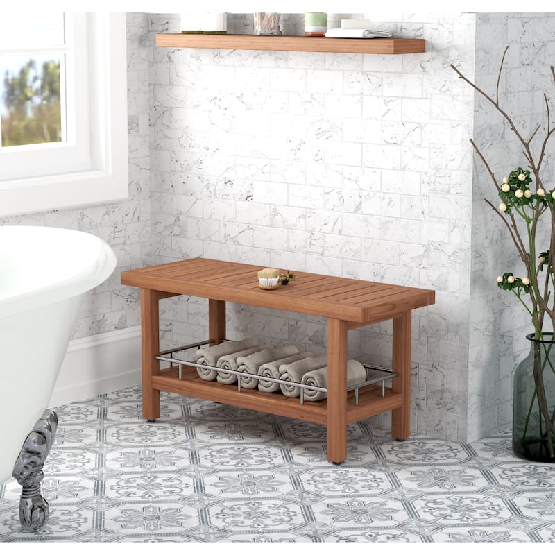 Patented Spa Teak & Stainless Shower Bench with Shelf