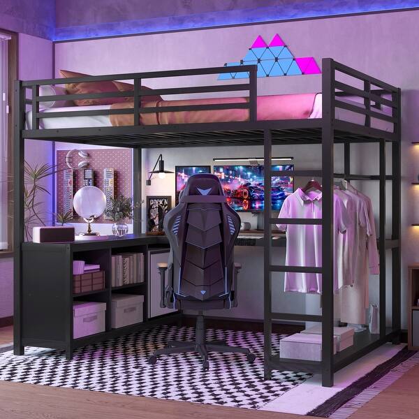 slide 2 of 11, Full Size Loft Bed with L-shaped Desk, Built-In Wardrobe and Storage Shelves, Metal Bed Frame with Guardrails for Esports, Work Black - Full