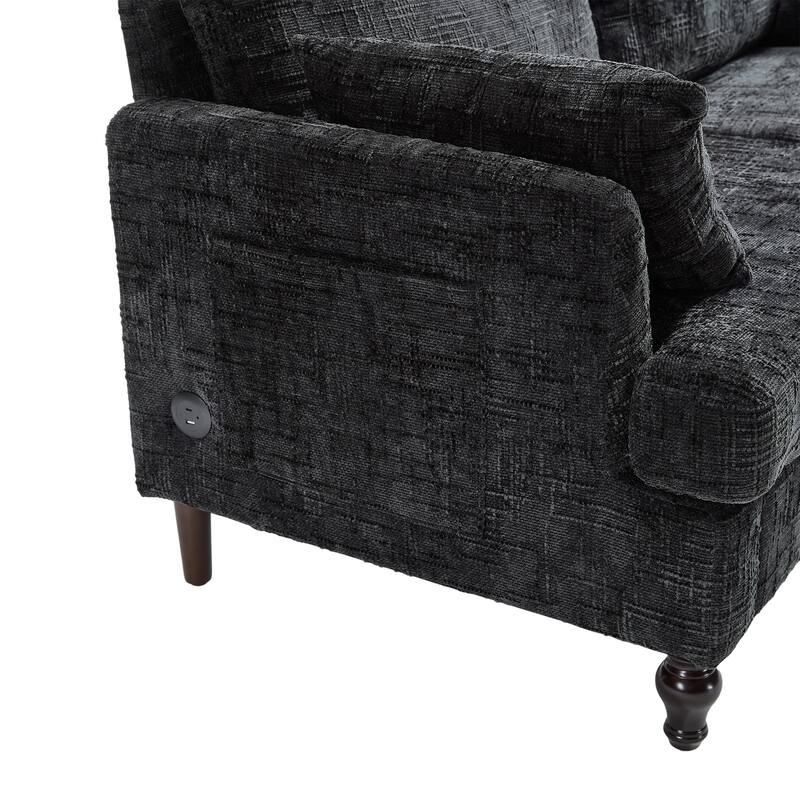 Modern Style Chenille 2-Seater Wood-Legged Sofa With Led Light,USB Charging Port And Storage Bag Living Room Bedroom Study Room