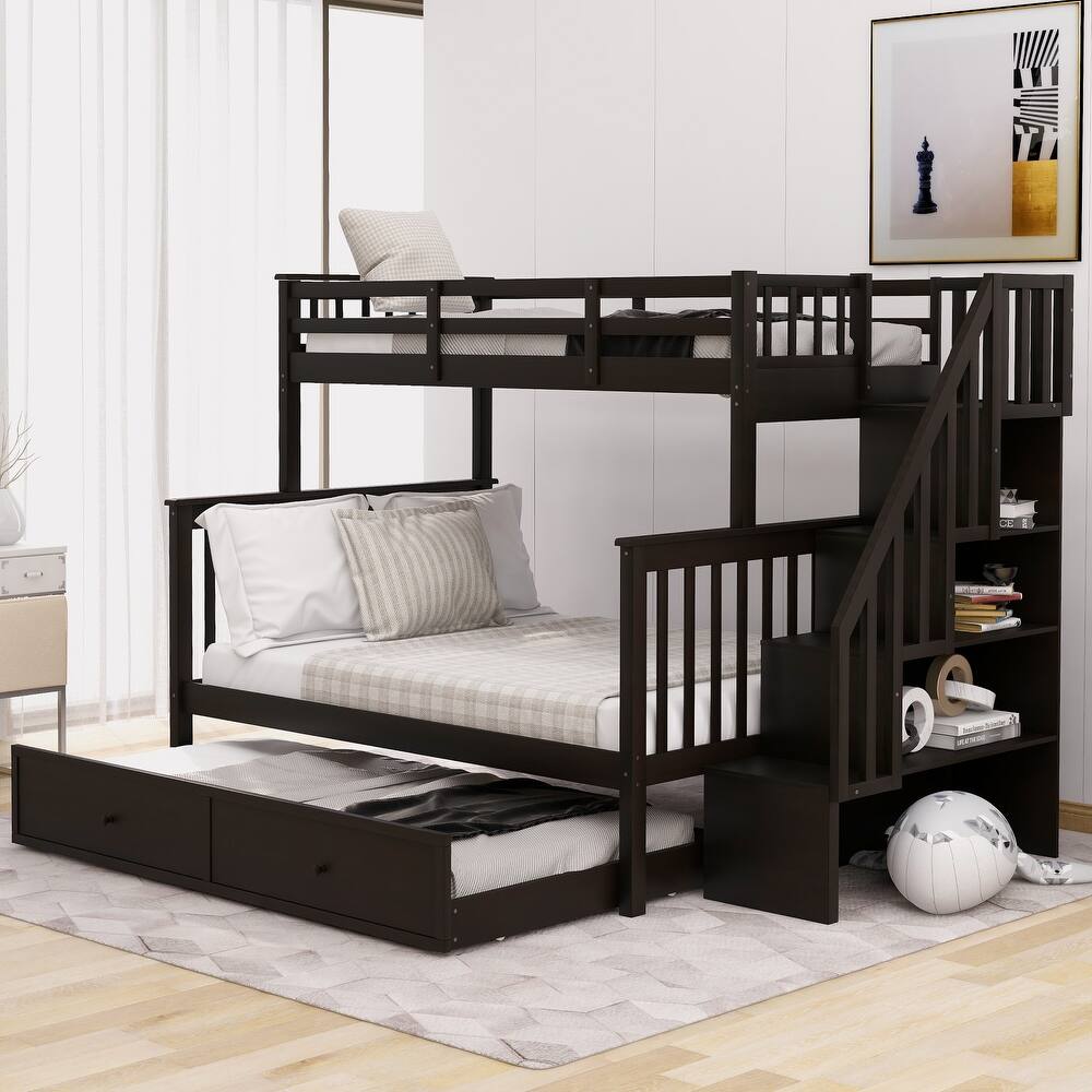 Stairway Twin Over Full Bunk Bed with Twin Size Trundle, Storage and Guard Rail for Bedroom, Dorm, for Adults