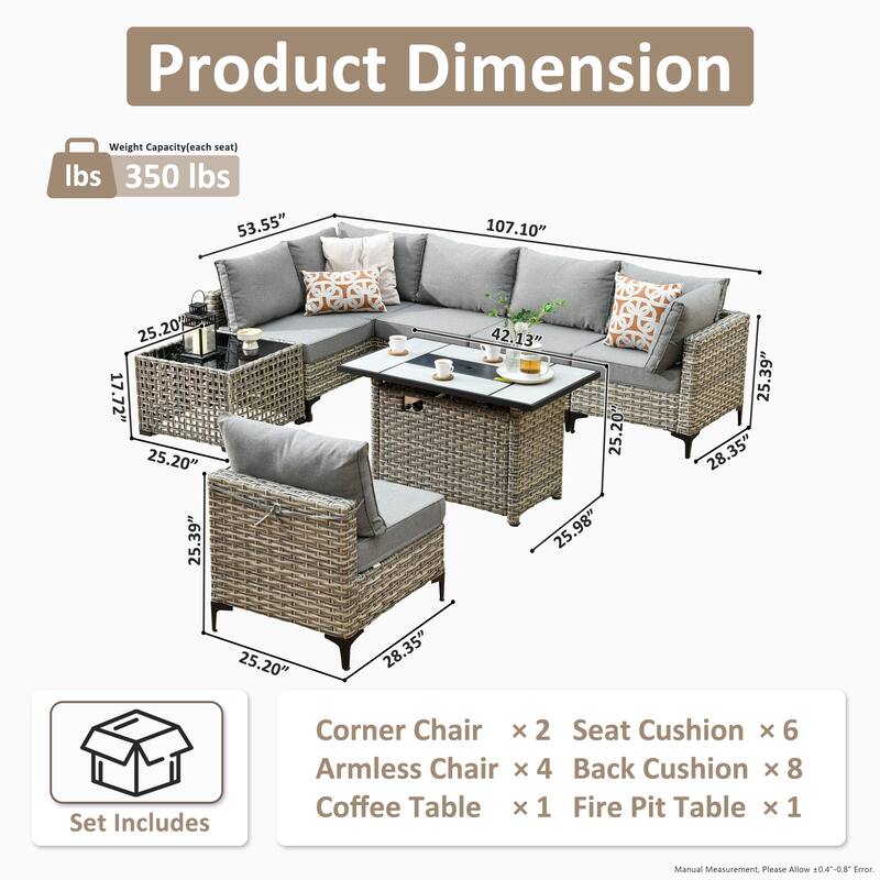 XIZZI 8-Piece Outdoor Wicker Furniture Sectional Set with Firepit