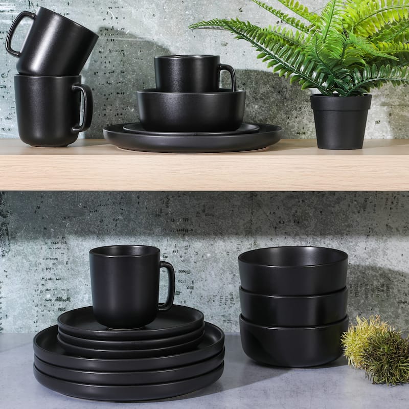 Gibson Home Zuma 16 Piece Stoneware Plates, Bowls, & Mugs Dinnerware Set - Matte Black