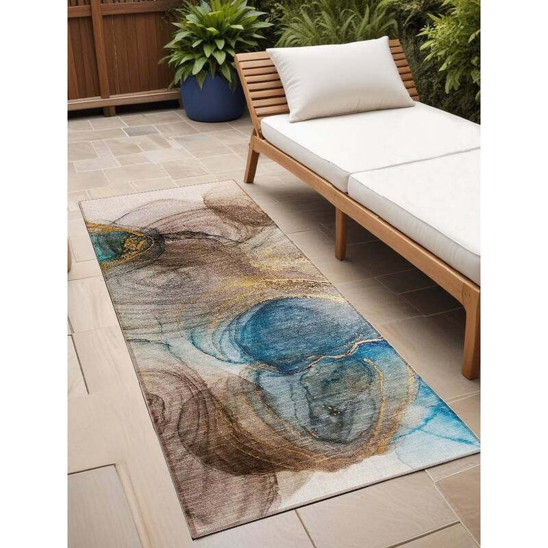 Elfi Artistic Abstract Weather Resistant Versatile Elegance Outdoor Rug - 8' Runner - Beige