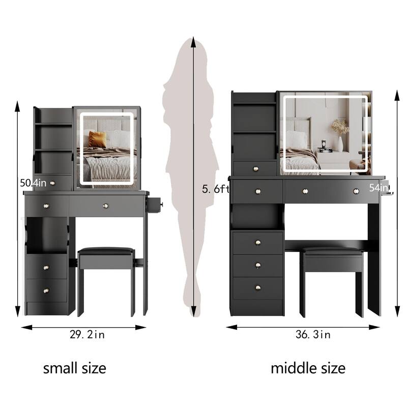 Compact Makeup Vanity with Lighted Mirror, 2 AC Outlets, USB Charging, Hair Dryer Holder & Stool for Small Spaces