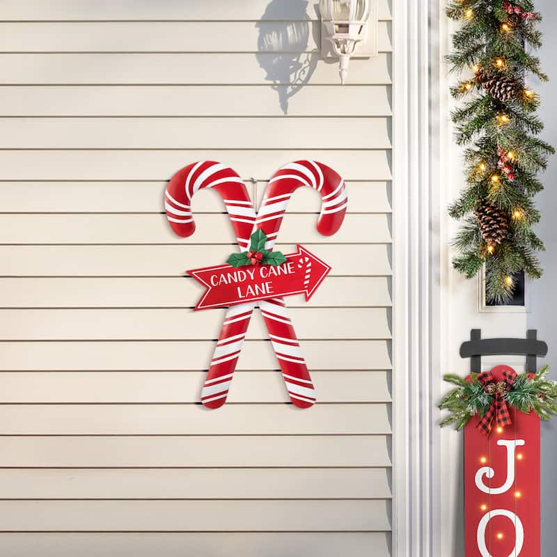 Glitzhome 30"H Metal Merry Christmas Candy Cane Yard Stake Wall Decor