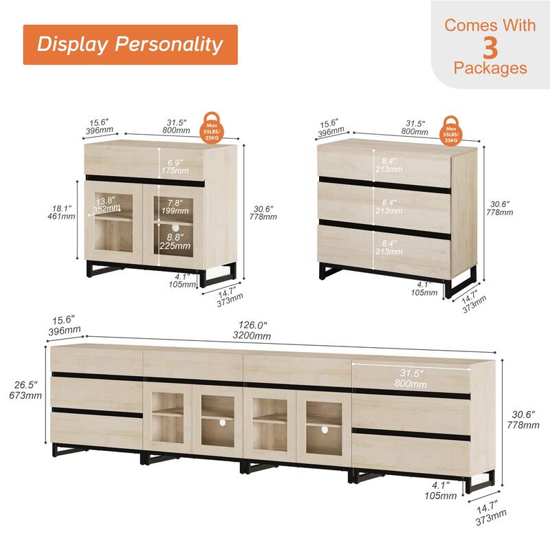 4 in 1 Sideboard with 8 Glass Doors & Drawers, Adjustable Shelf, Metal Base. Coffee Bar Storage for Living Room, Kitchen