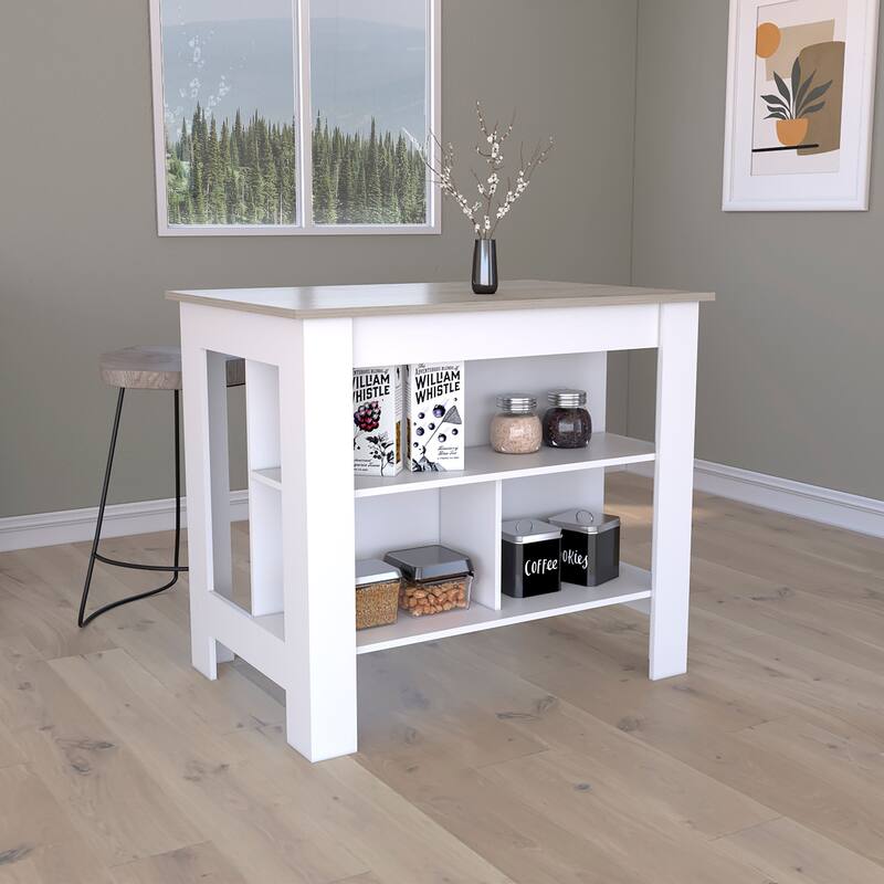 Kitchen Island with 3 Shelves, Wide Top Surface, Silver Nanoparticle Protection, 35" High, White / Light Gray
