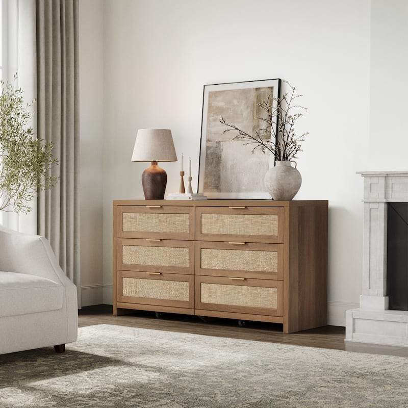 Elegant Right Angled Dresser with 6 Rattan Woven Drawers