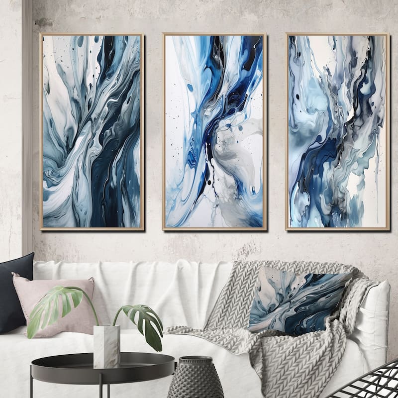 Designart "Blue And Grey Ethereal Elixir III" Abstract Framed Wall Art Set Of 3 Frame Canvas Set For Living Room Decor