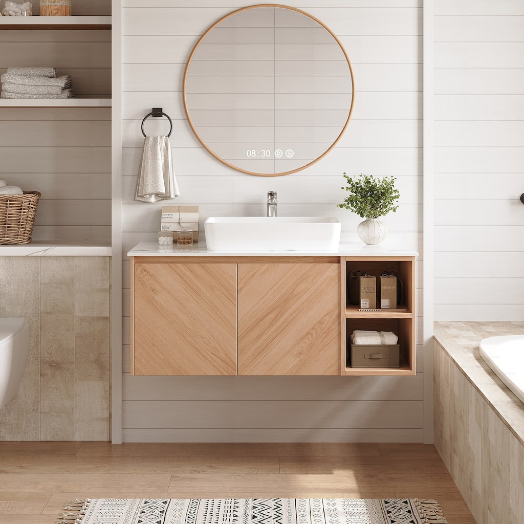 36'' Single Bathroom Vanity with Stone Top, Brown Wood, Black Vessel, Floading Vanities
