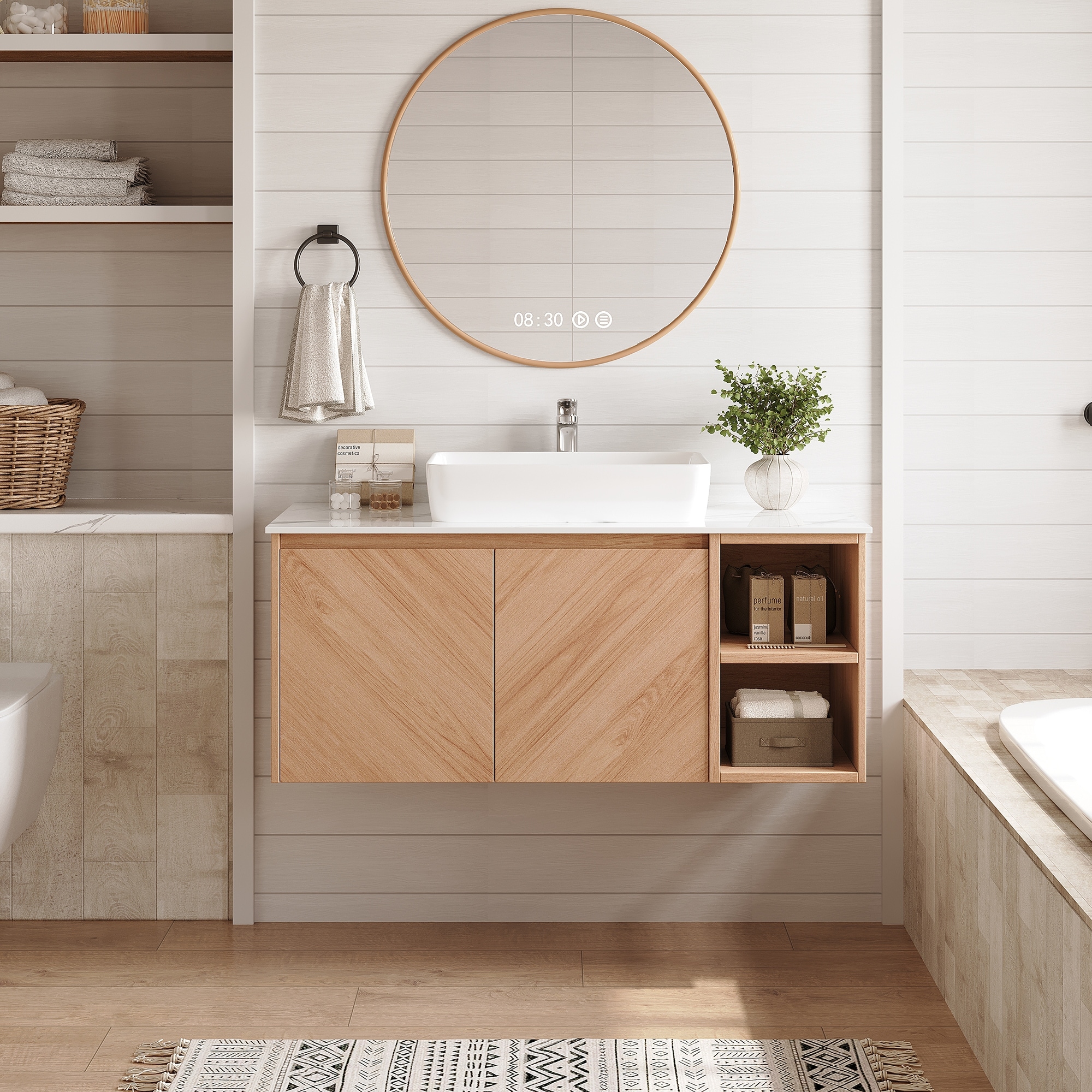 36'' Single Bathroom Vanity with Stone Top, Brown Wood, Black Vessel, Floading Vanities