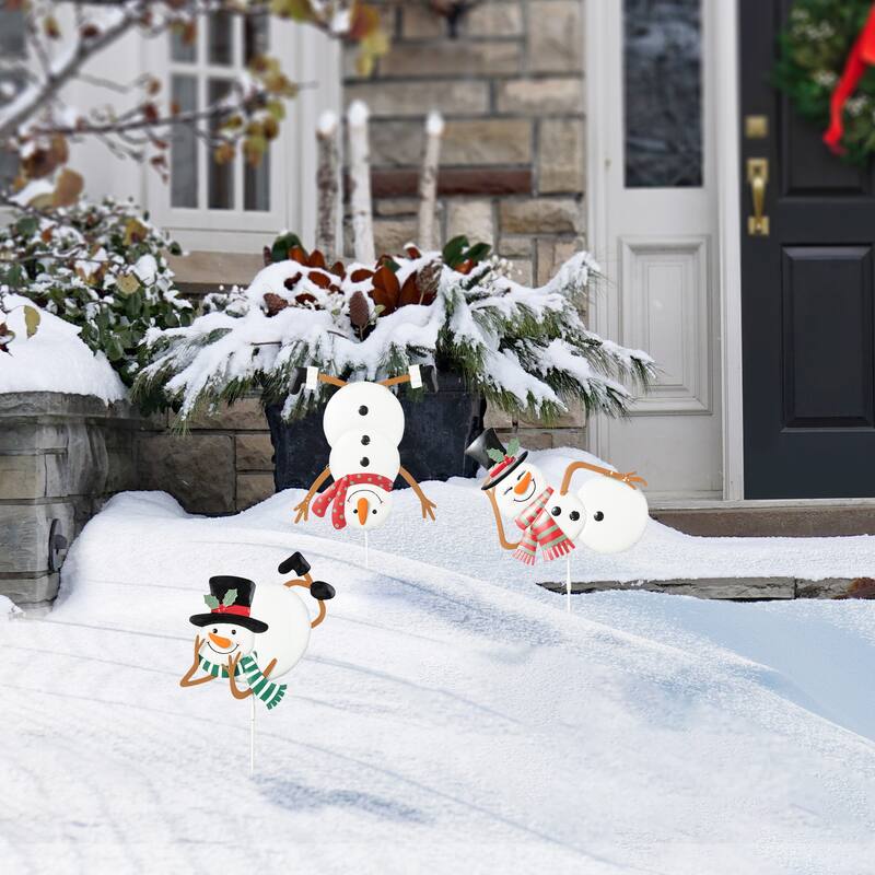 Glitzhome Set of 3 Christmas Metal Santa Snowman Tree Reindeer Candy Cane Yard Stakes Wall Decor