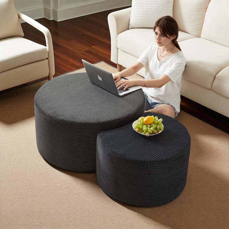 Set of 2 Round Nesting Coffee Tables, Upholstered Corduroy Ottoman Accent Tables, Modern Foam Design, No Assembly