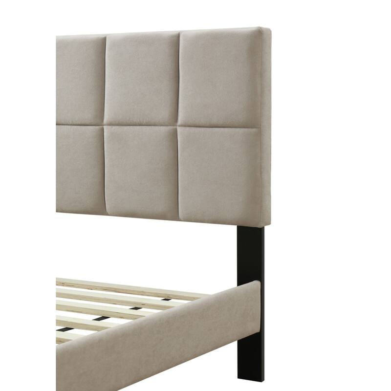 Queen Bed in a Box with USB Charging & Squares Design Headboard, Light Gray Fabric