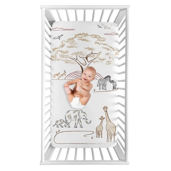 slide 2 of 4, Jungle Safari Animals Boy Girl Photo Op Fitted Crib Sheet Taupe Black and White Gender Neutral Elephant Zebra Wildlife Adventure