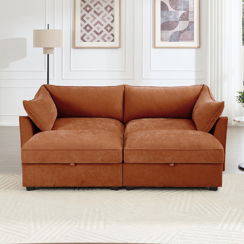 2-Seater Loveseat with 2 Movable Ottoman & Pull out Storage Drawer Under