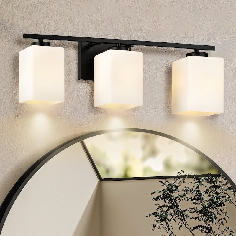 Brushed Nickel Indoor Bathroom Vanity Lights with Etched White Glass Square Rectangle Shades - 3-light - Matte Black