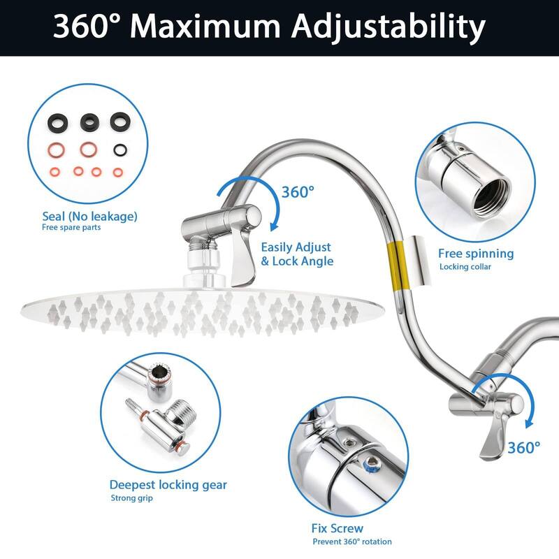 Bathlet 10" Rain Shower Head with Adjustable Height & Distance Extension Arm