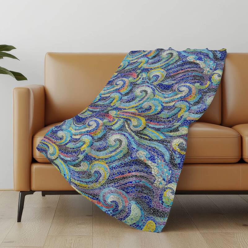 Premium Machine Washable ASB193 Mosaic Wave Sherpa Throw Blanket - Ocean - 4'2" x 5'10"
