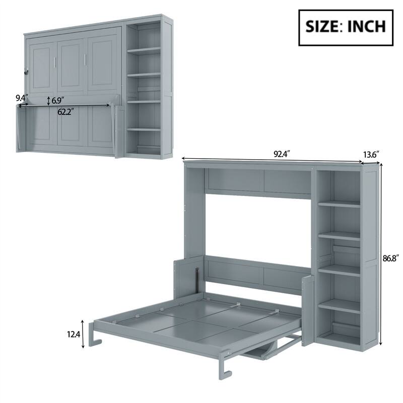 Full/Queen Size Murphy Bed with Bulit-in Desk and Bookshelf, Foldable Murphy Cabinet Bed with Open Storage Shelves